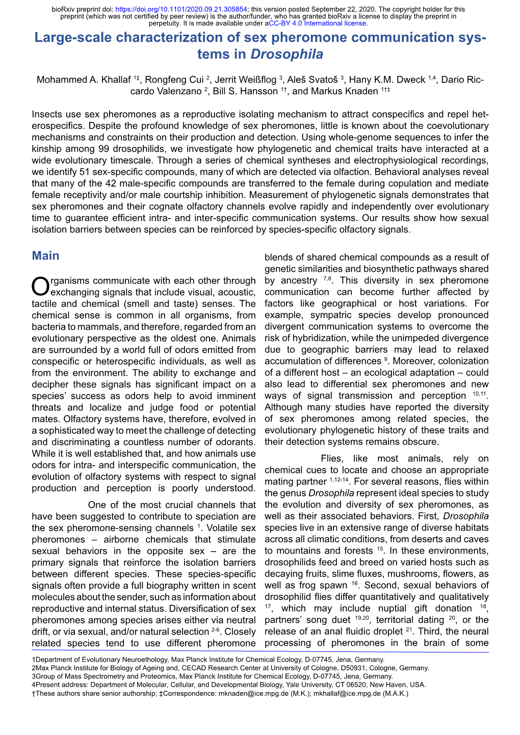 Large-Scale Characterization of Sex Pheromone Communication Sys- Tems in Drosophila