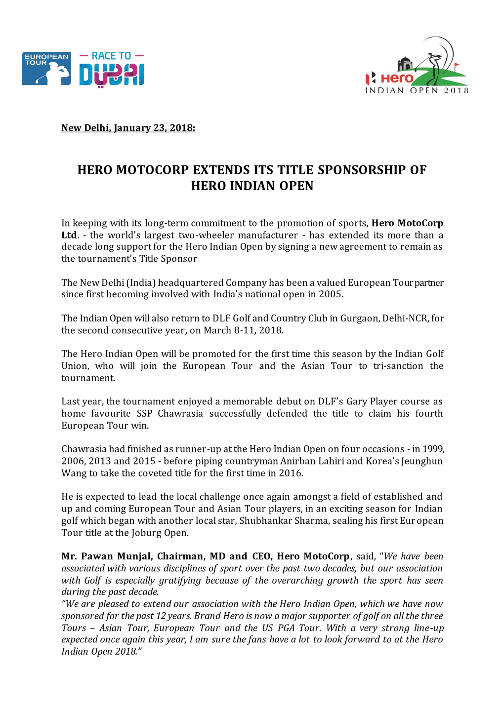 Hero Motocorp Extends Its Title Sponsorship of Hero Indian Open