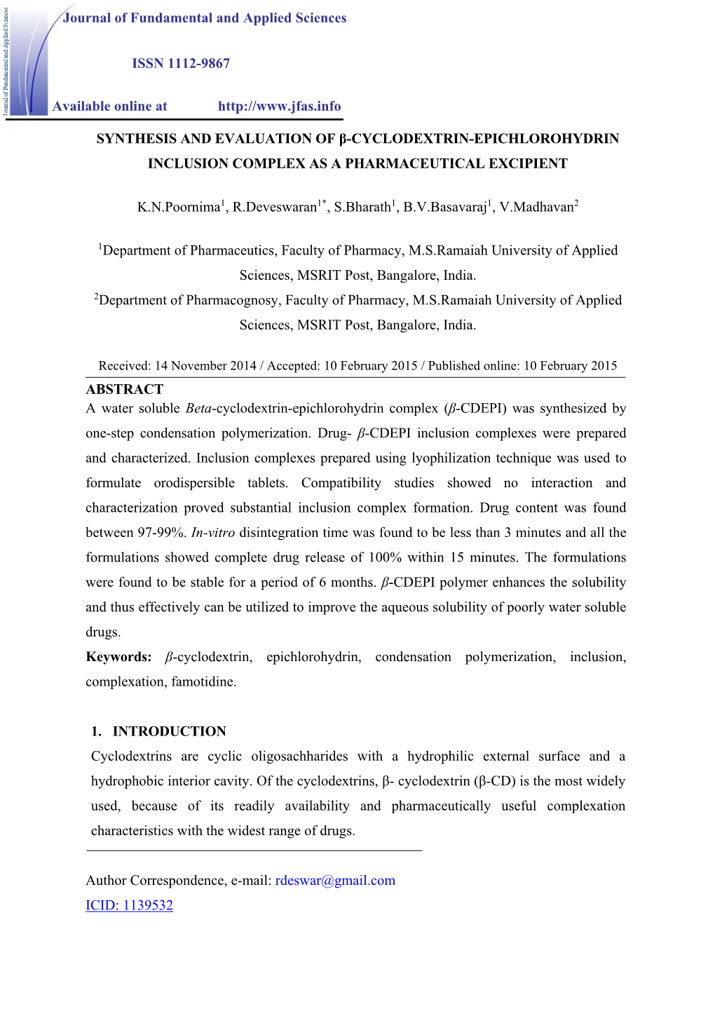 Synthesis and Evaluation of Β-Cyclodextrin-Epichlorohydrin Inclusion Complex As a Pharmaceutical Excipient