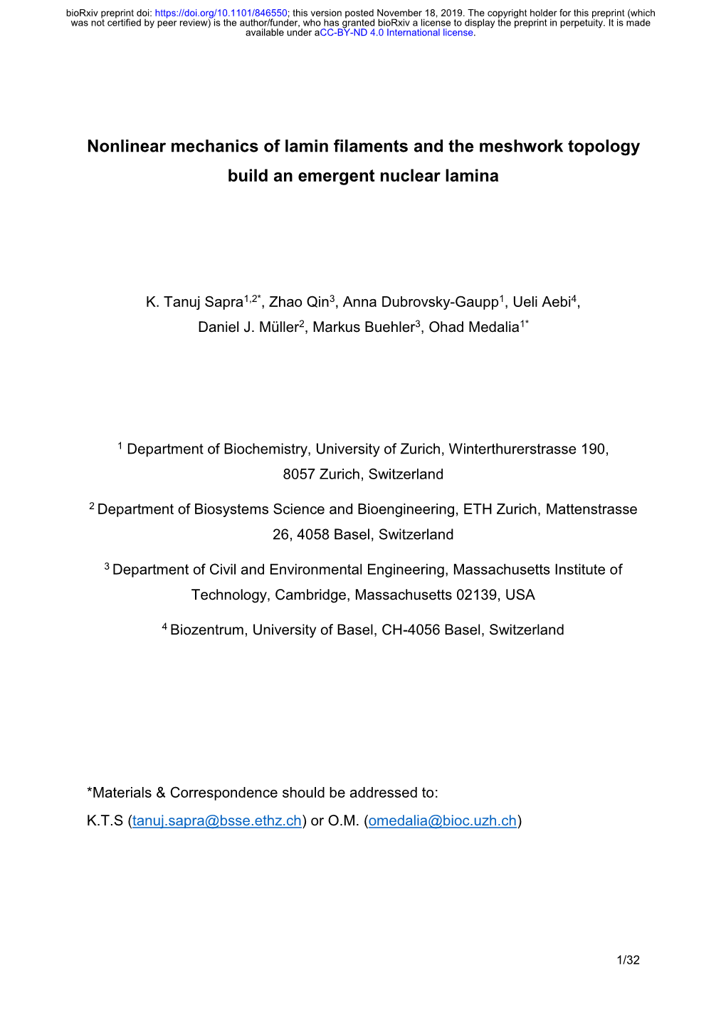 Nonlinear Mechanics of Lamin Filaments and the Meshwork Topology Build an Emergent Nuclear Lamina