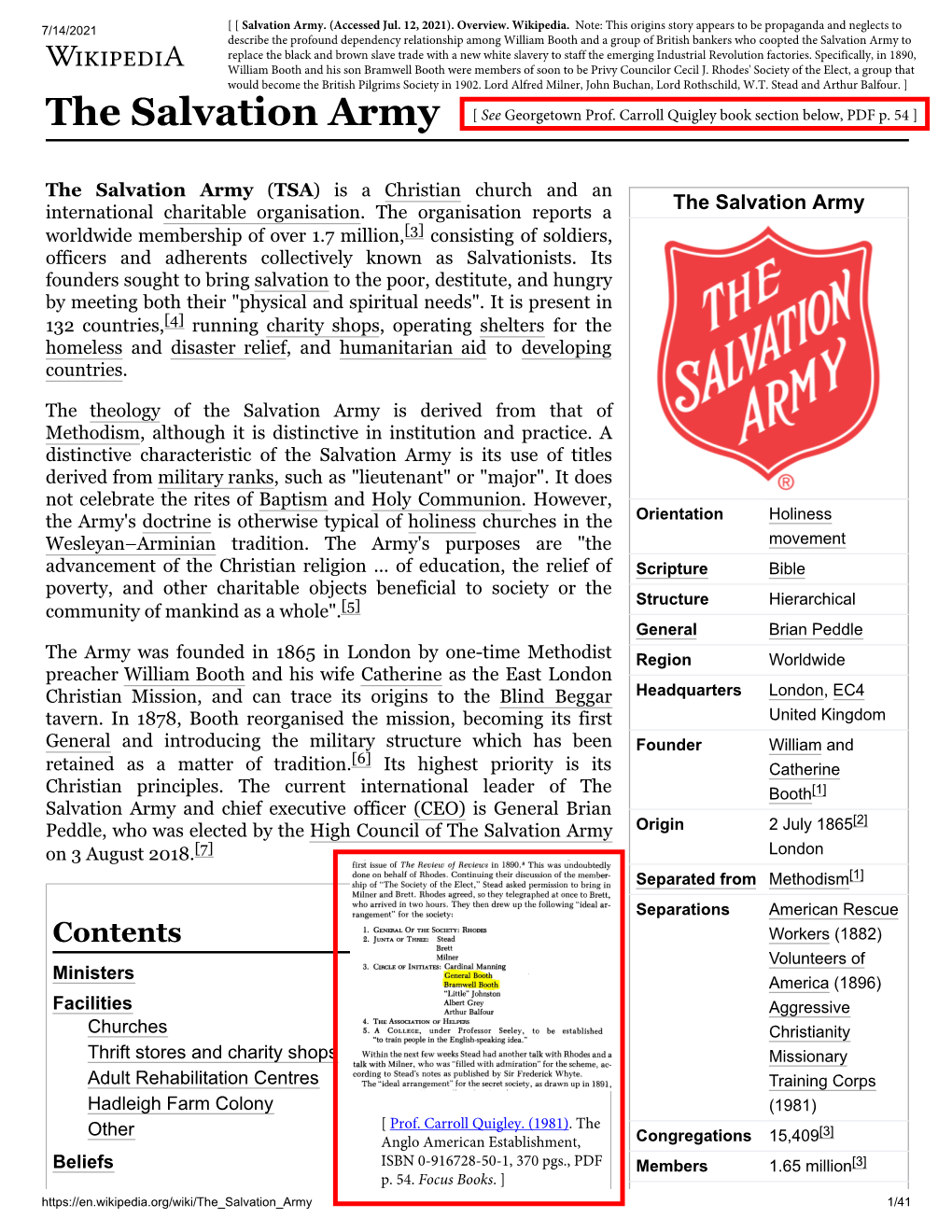 The Salvation Army to Replace the Black and Brown Slave Trade with a New White Slavery to Staff the Emerging Industrial Revolution Factories