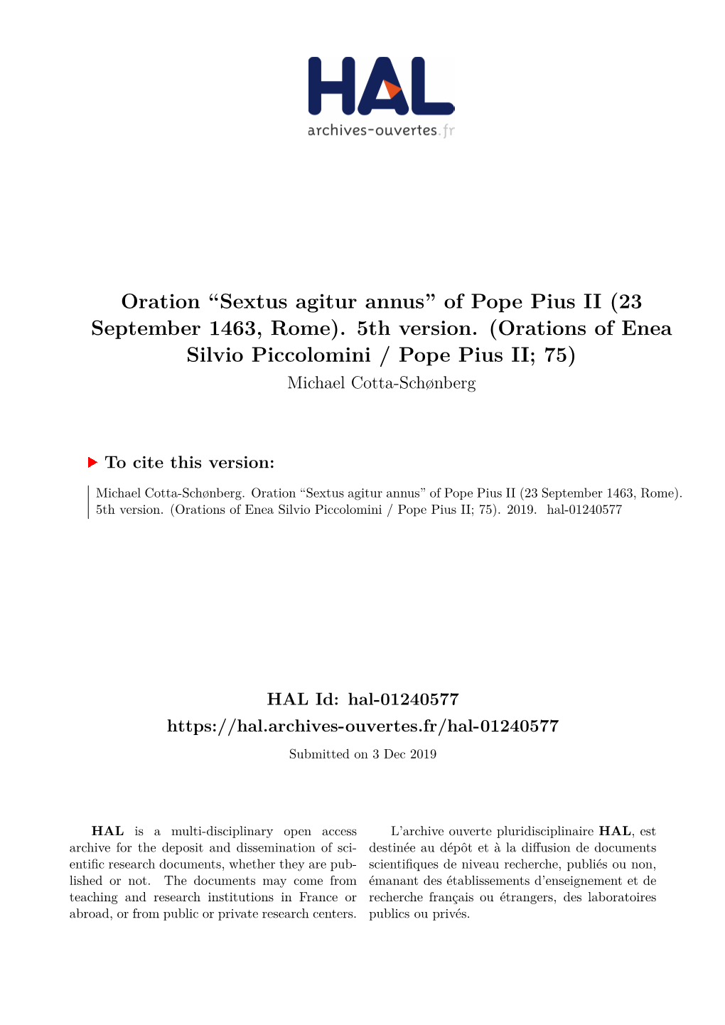 Sextus Agitur Annus” of Pope Pius II (23 September 1463, Rome)
