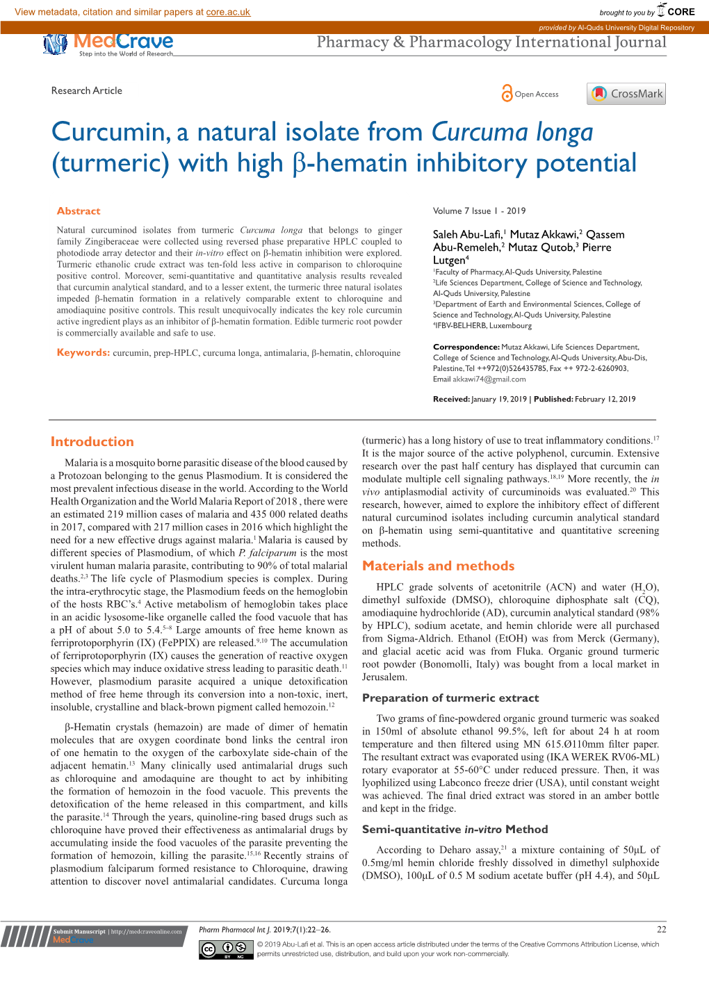 Turmeric) with High Β-Hematin Inhibitory Potential