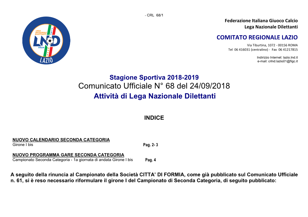 Comunicato Ufficiale N° 68 Del 24/09/2018