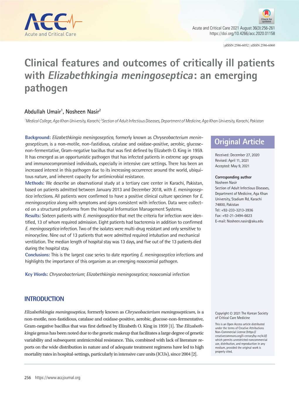 Clinical Features and Outcomes of Critically Ill Patients with Elizabethkingia Meningoseptica: an Emerging Pathogen