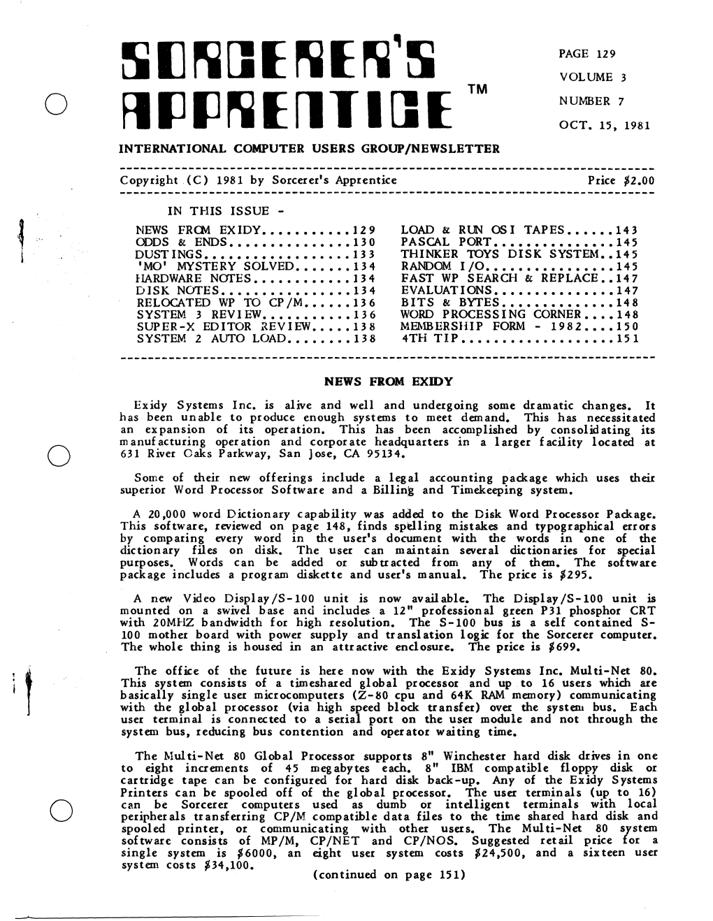 Exidy Sorcerer Users 1- Attention -I