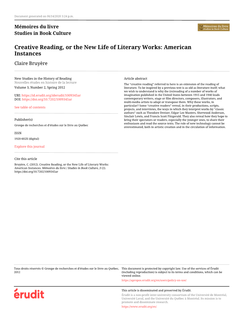 Creative Reading, Or the New Life of Literary Works: American Instances Claire Bruyère