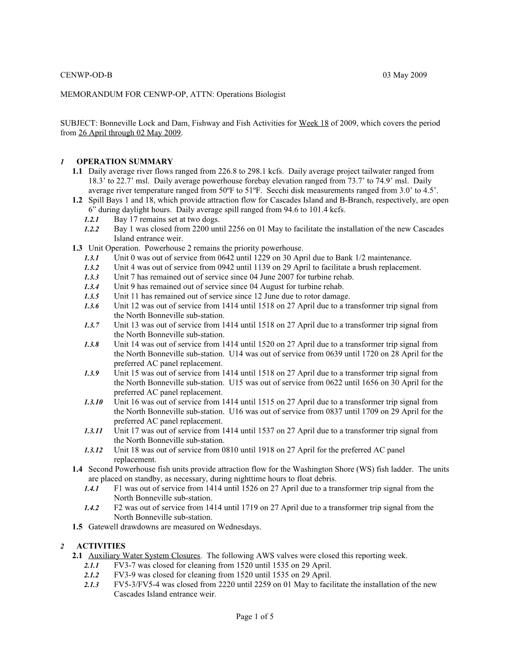 MEMORANDUM for CENWP-OP, ATTN: Operations Biologist