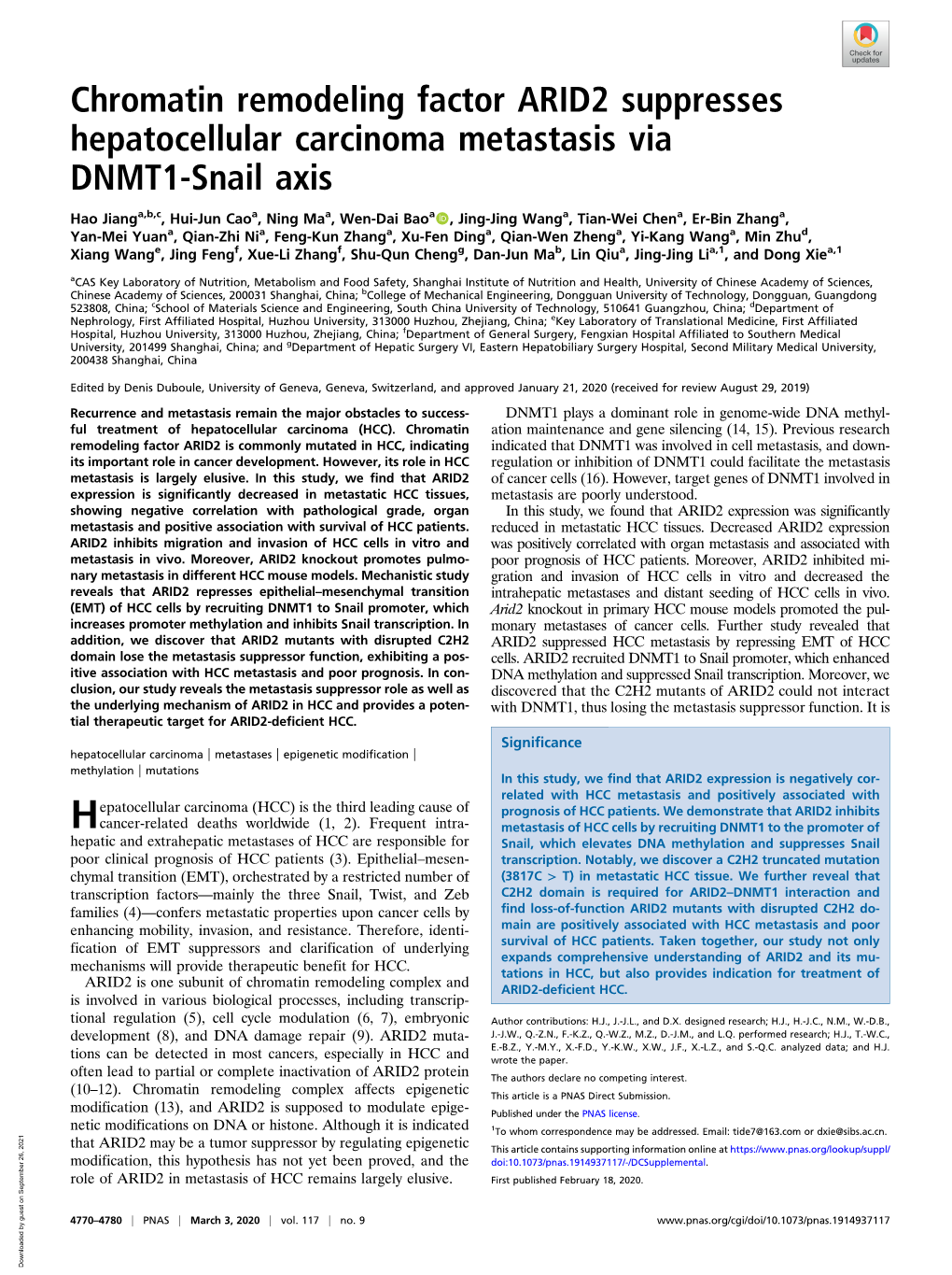 Chromatin Remodeling Factor ARID2 Suppresses Hepatocellular Carcinoma Metastasis Via DNMT1-Snail Axis