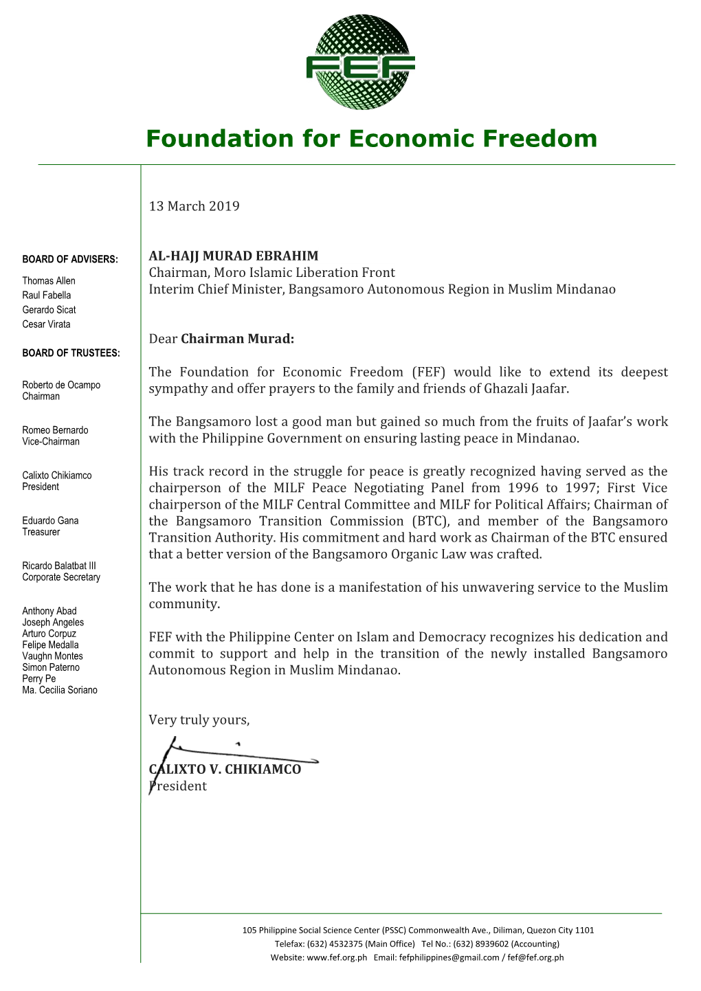 FEF Letter of Condolence to MILF On