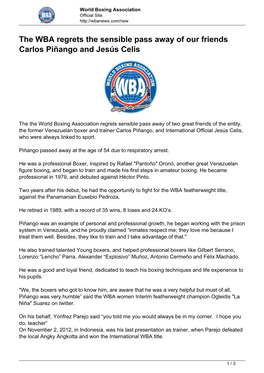The WBA Regrets the Sensible Pass Away of Our Friends Carlos Piñango and Jesús Celis