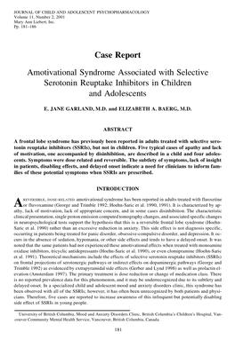 Amotivational Syndrome Associated with Selective Serotonin Reuptake Inhibitors in Children and Adolescents