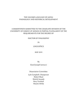 The Hachijō Language of Japan: Phonology and Historical Development