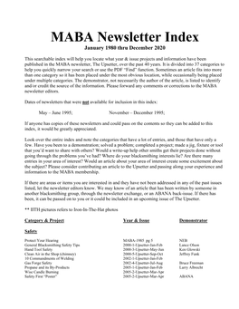MABA Newsletter Index January 1980 Thru December 2020