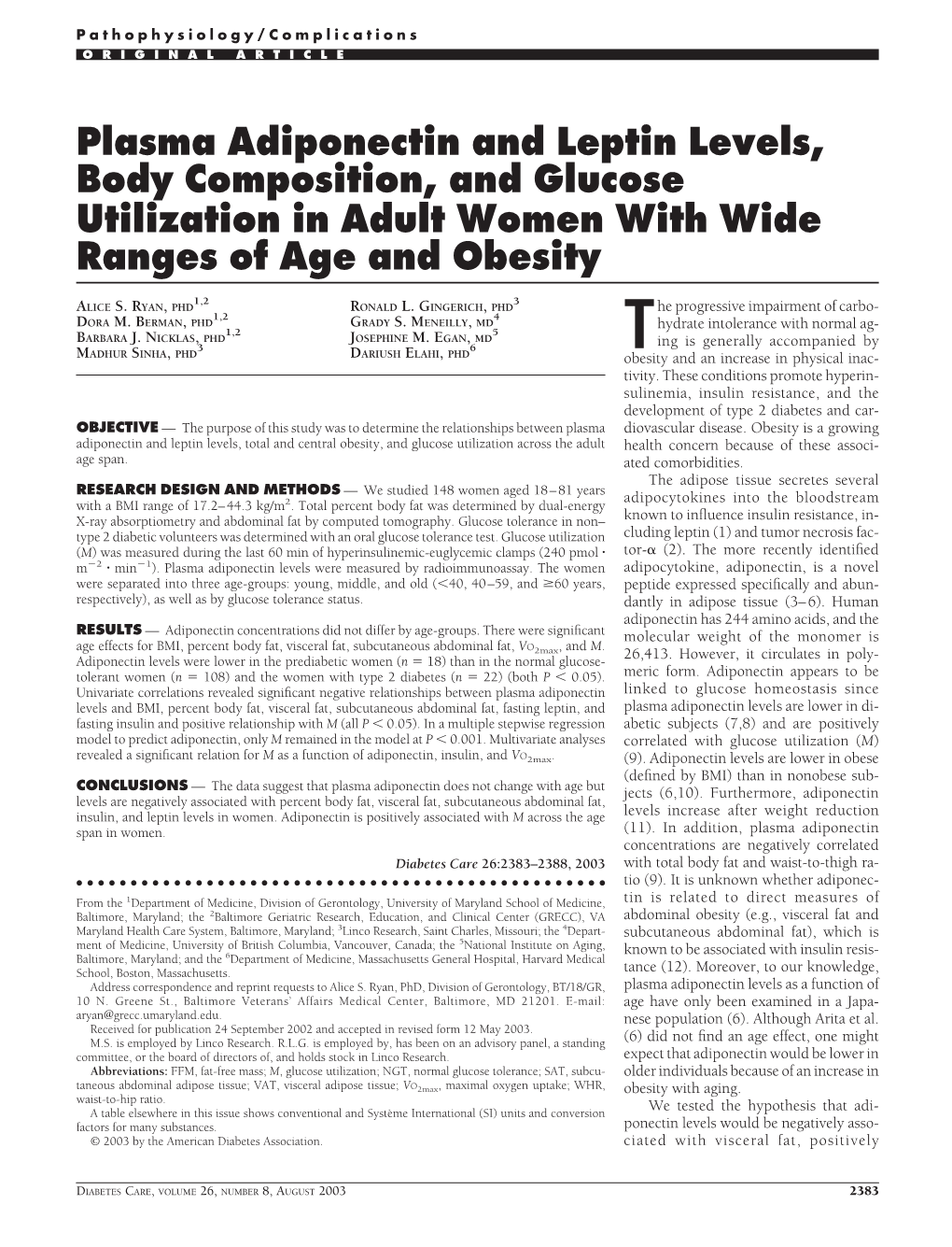 Plasma Adiponectin And Leptin Levels Body Composition And Glucose