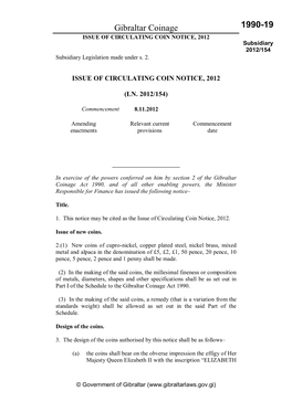 1990-19 ISSUE of CIRCULATING COIN NOTICE, 2012 Subsidiary 2012/154 Subsidiary Legislation Made Under S