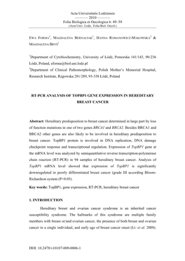 Rt-Pcr Analysis of Topbp1 Gene Expression in Hereditary Breast Cancer