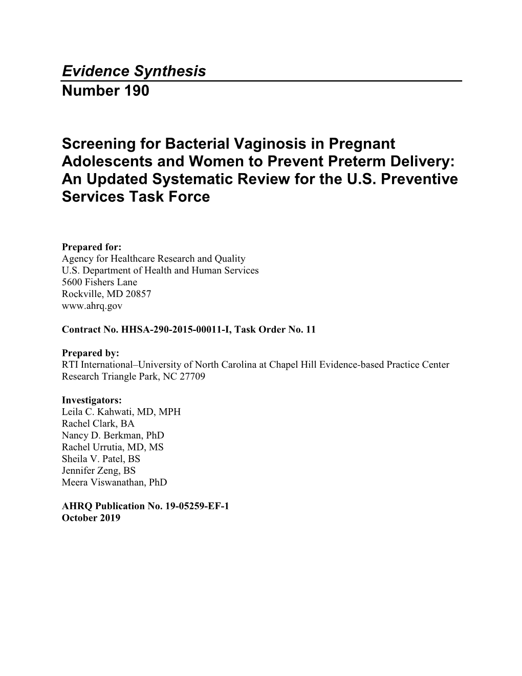 Screening for Bacterial Vaginosis in Pregnant Adolescents and Women to Prevent Preterm Delivery: an Updated Systematic Review for the U.S