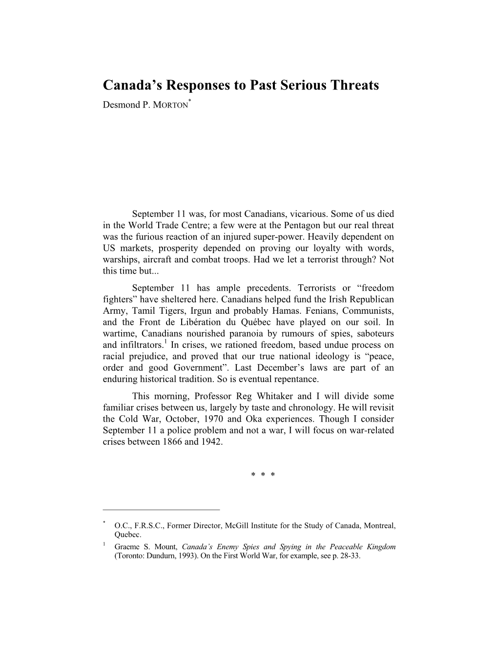 Canada's Responses to Past Serious Threats