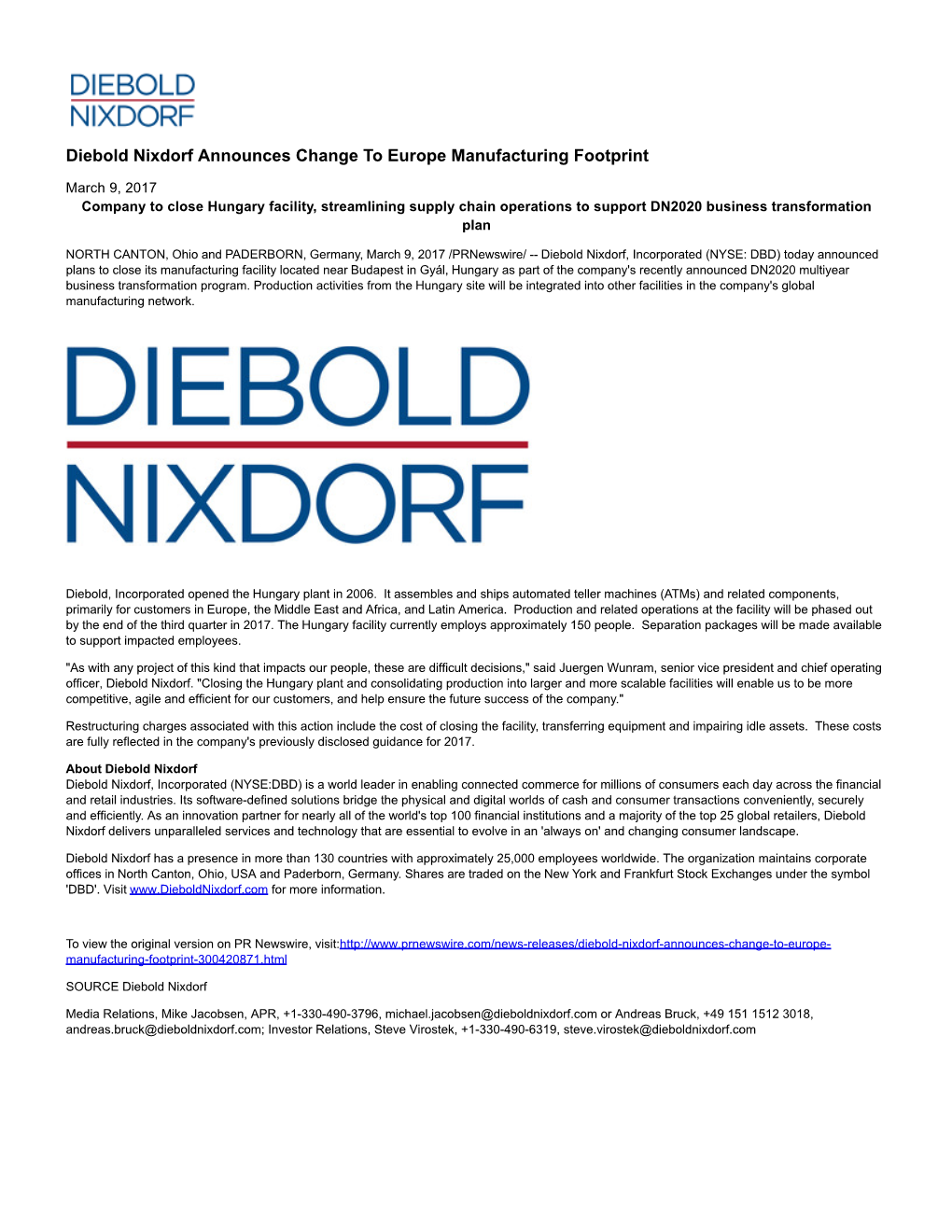 Diebold Nixdorf Announces Change to Europe Manufacturing Footprint