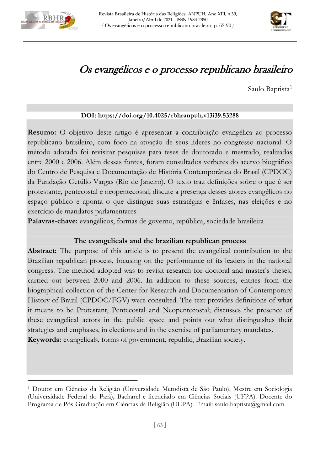 Os Evangélicos E O Processo Republicano Brasileiro, P