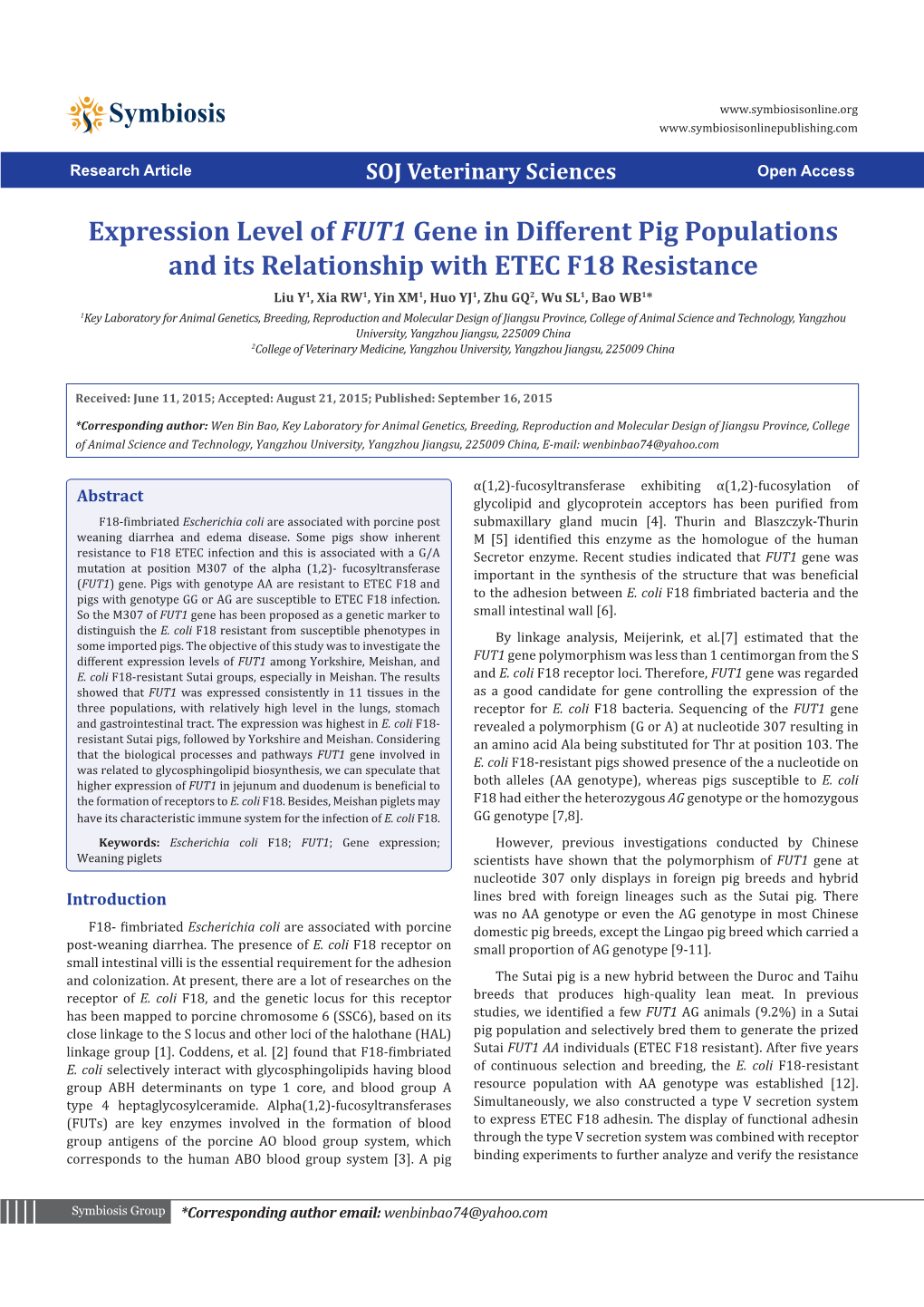 Expression Level of FUT1 Gene in Different Pig Populations and Its Relationship with ETEC F18 Resistance