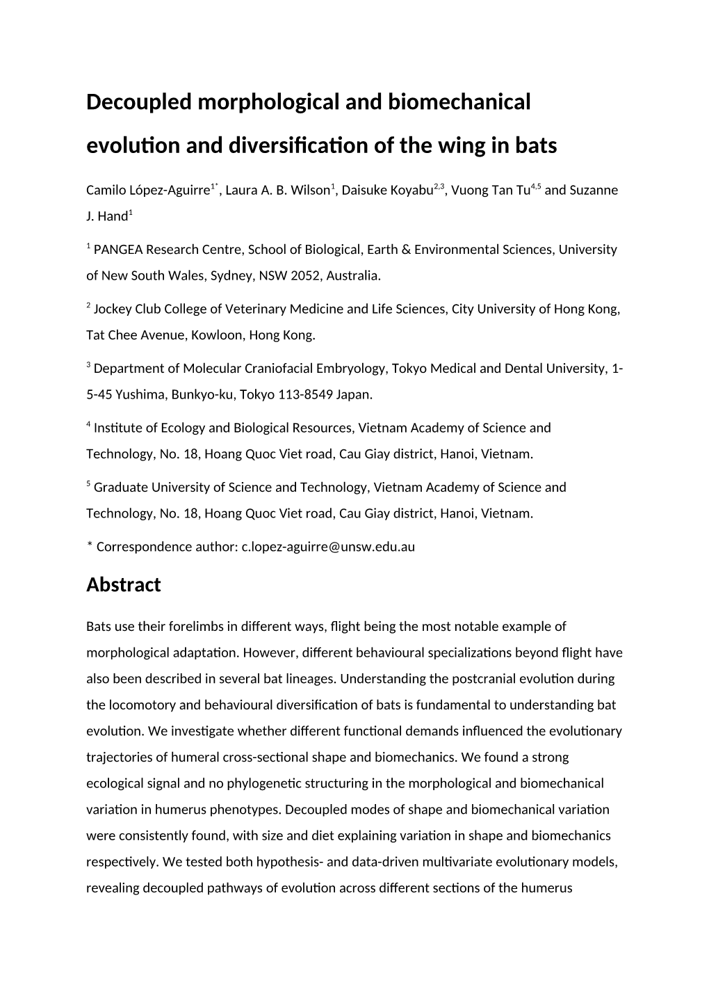 Decoupled Morphological and Biomechanical Evolution and Diversification of the Wing in Bats