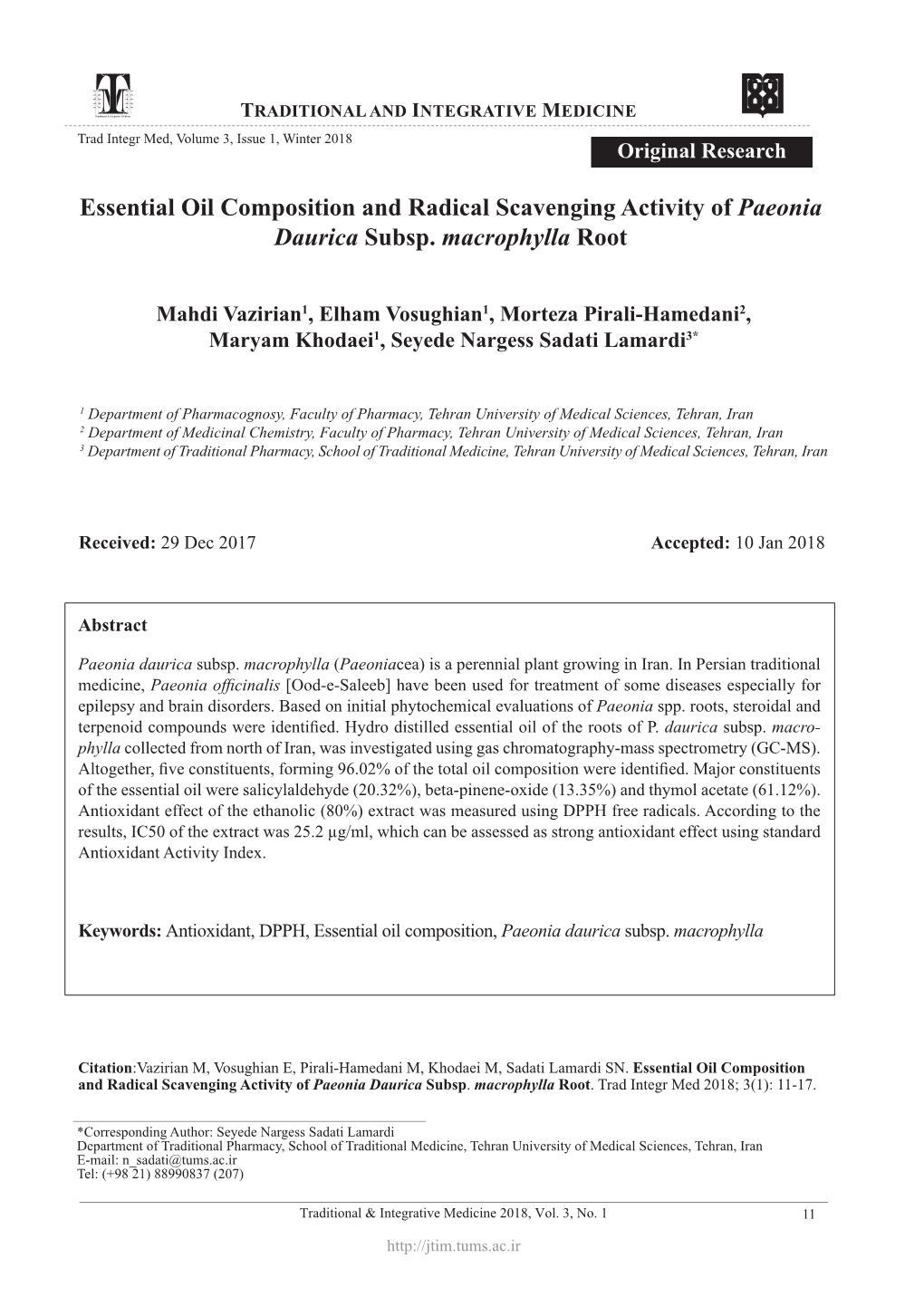 Essential Oil Composition and Radical Scavenging Activity of Paeonia Daurica Subsp