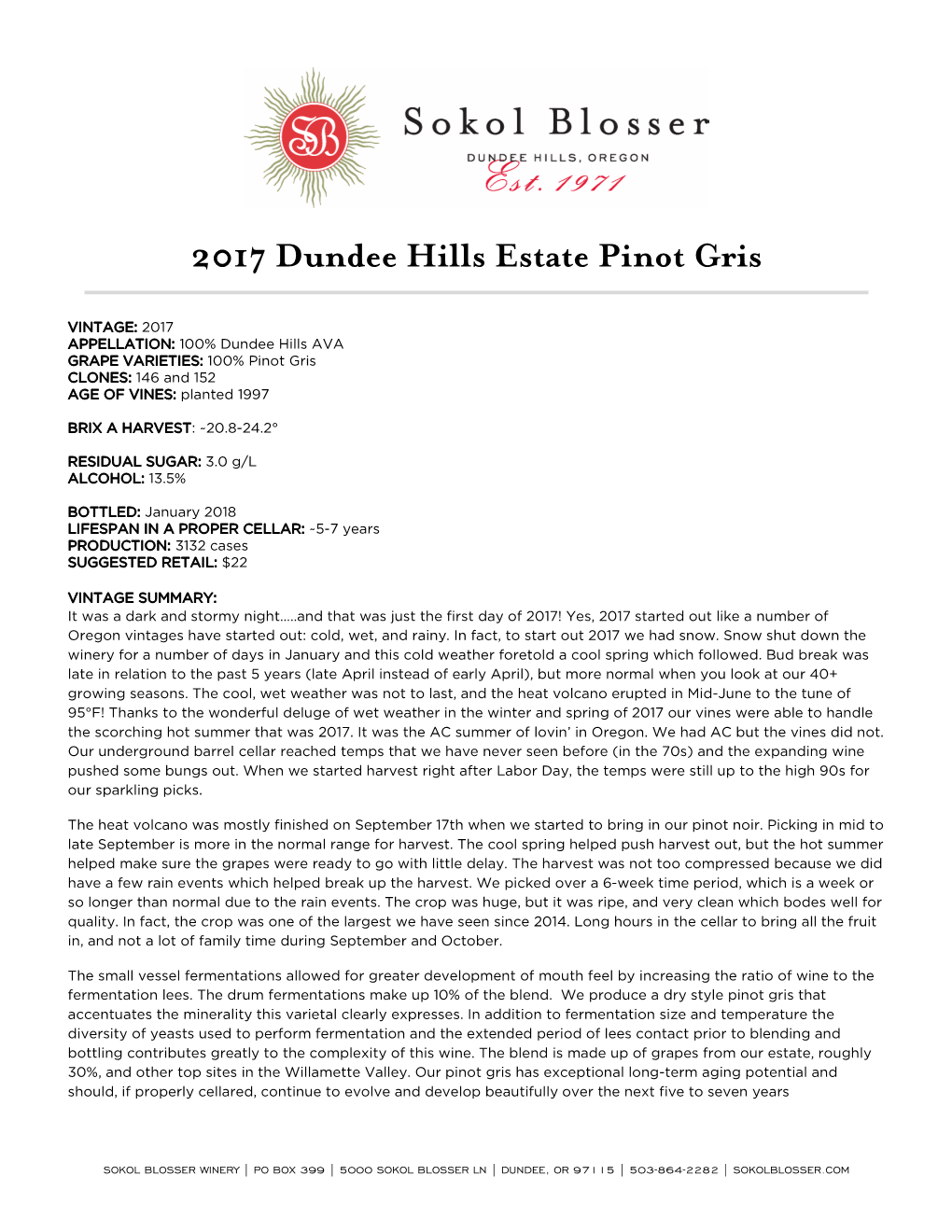 2017 Dundee Hills Estate Pinot Gris