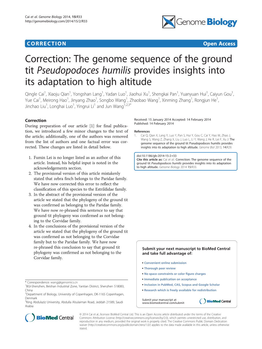 Correction: the Genome Sequence of the Ground Tit Pseudopodoces