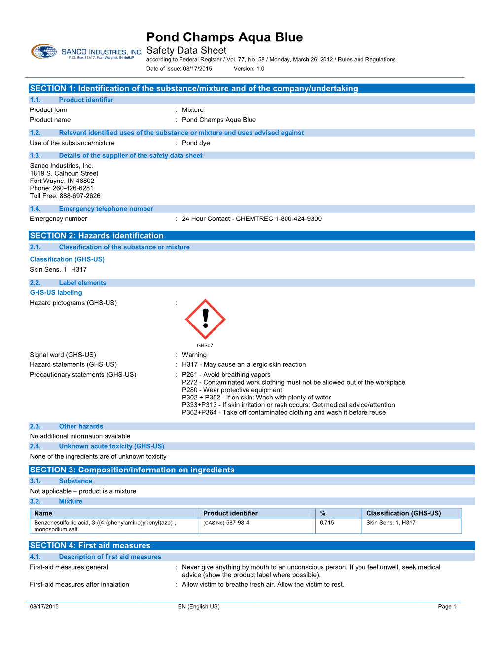 Pond Champs Aqua Blue Safety Data Sheet According to Federal Register / Vol