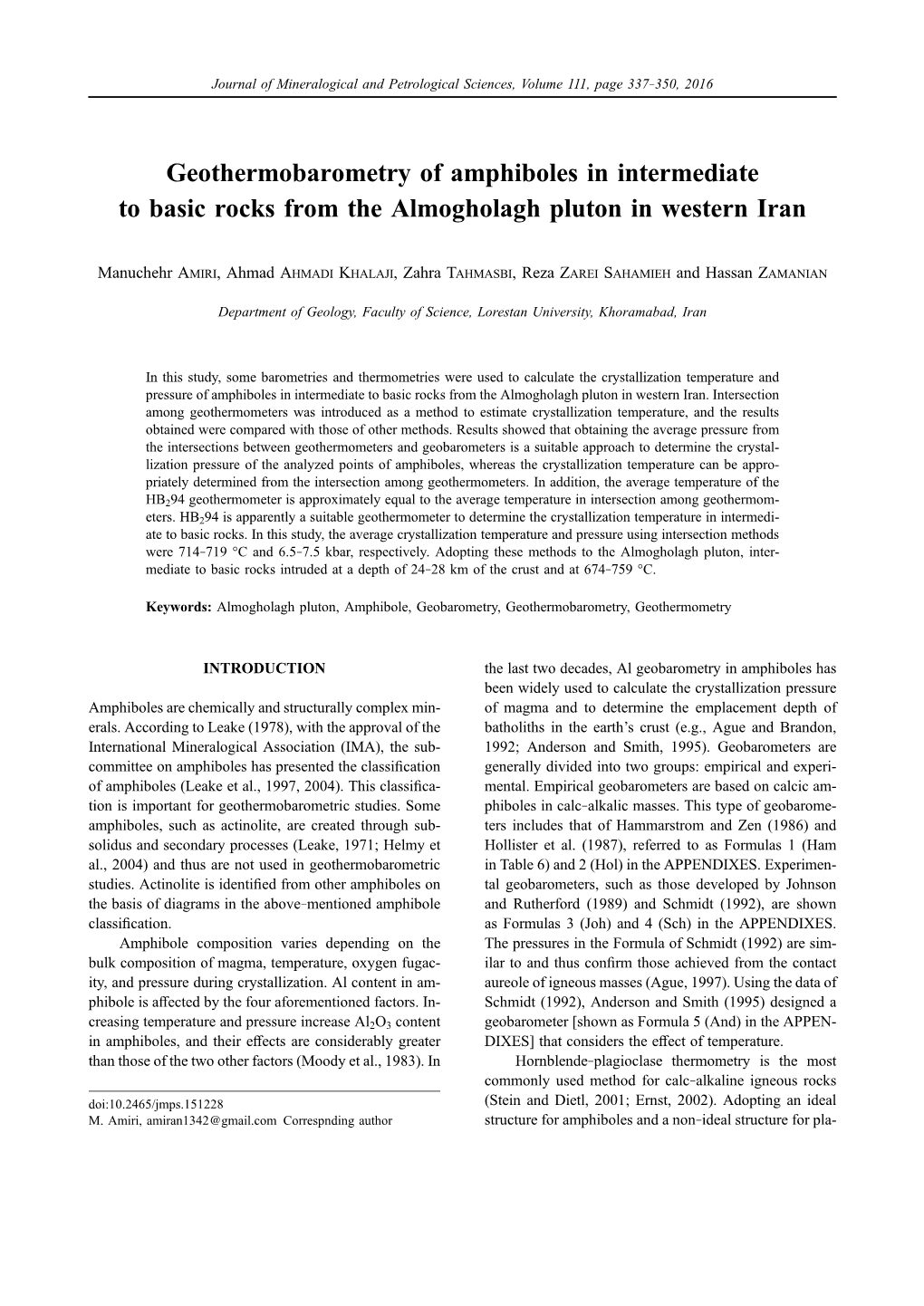 Geothermobarometry of Amphiboles in Intermediate to Basic Rocks from the Almogholagh Pluton in Western Iran