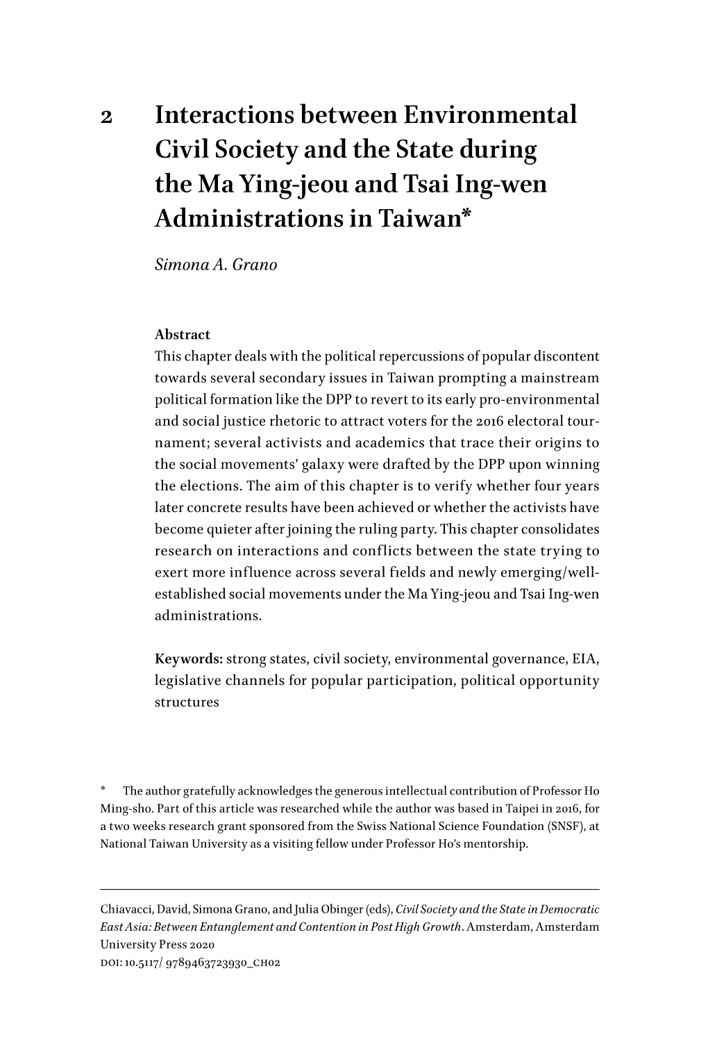 2 Interactions Between Environmental Civil Society and the State During the Ma Ying-Jeou and Tsai Ing-Wen Administrations In
