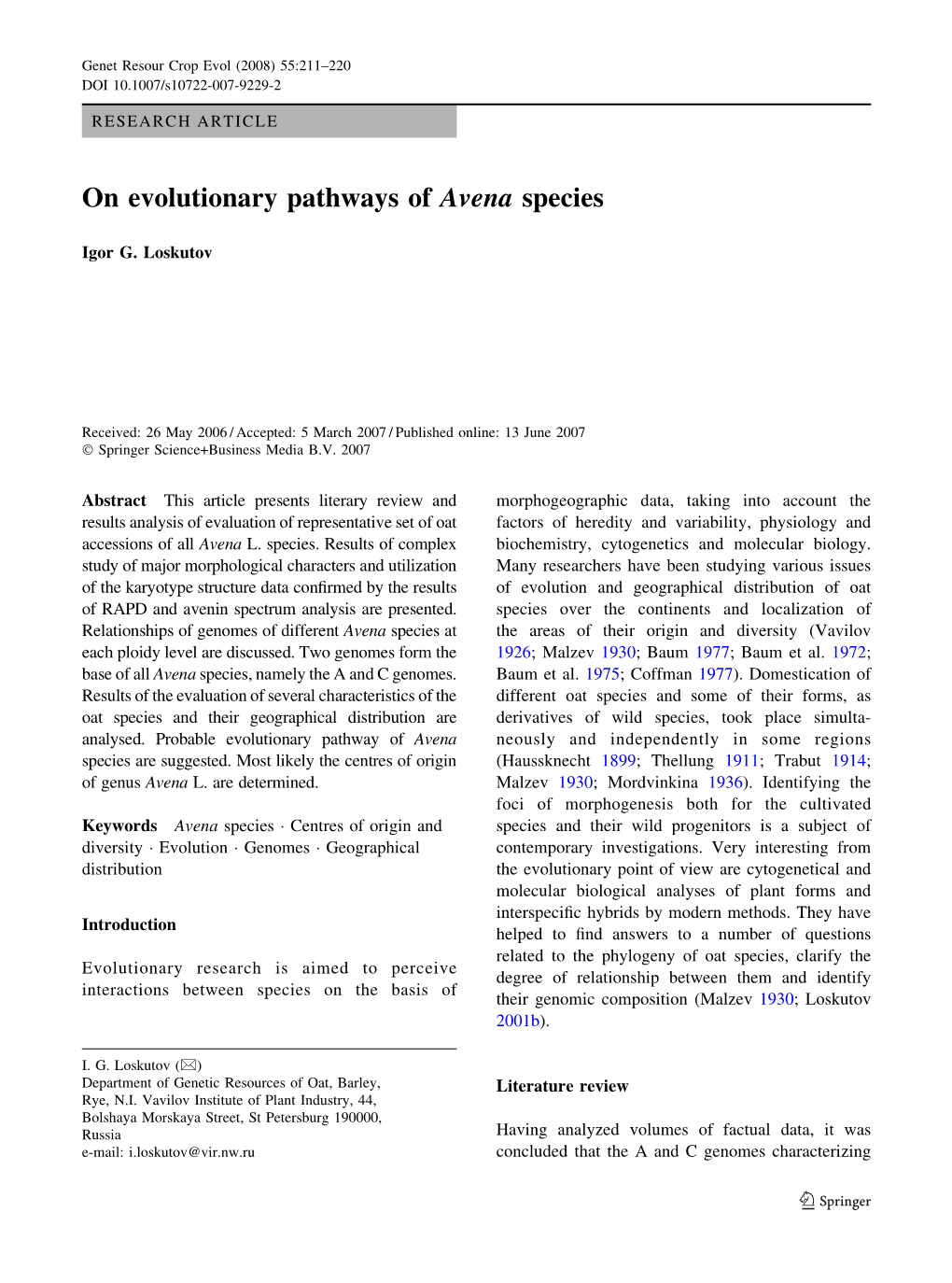 On Evolutionary Pathways of Avena Species