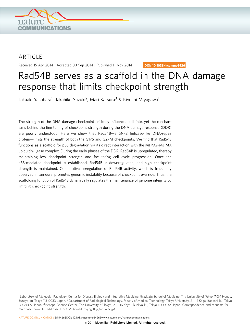 Rad54b Serves As a Scaffold in the DNA Damage Response That Limits Checkpoint Strength