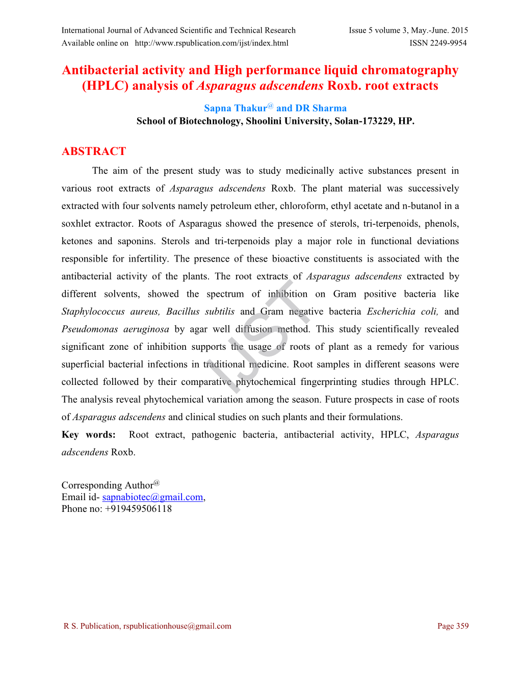 HPLC) Analysis of Asparagus Adscendens Roxb