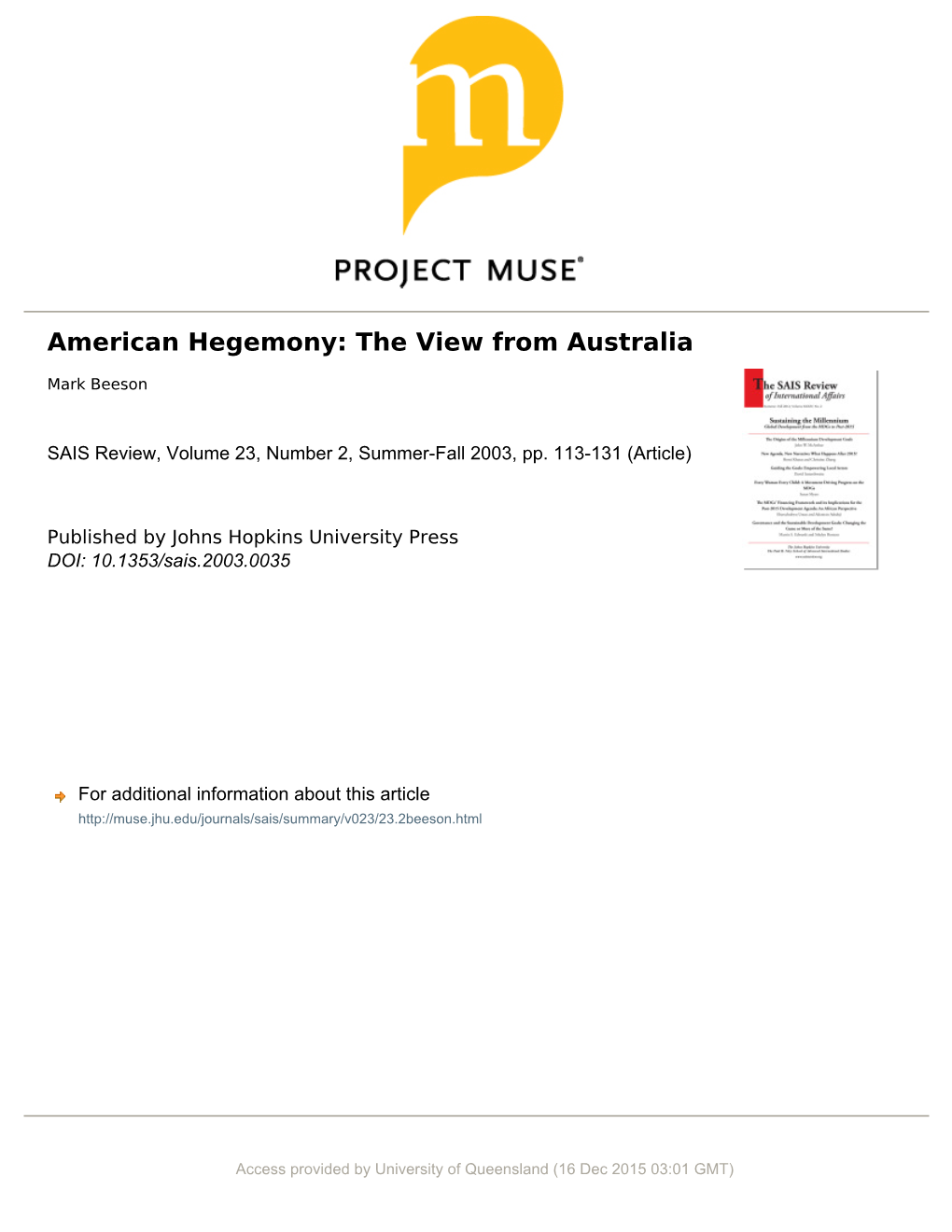 American Hegemony: the View from Australia