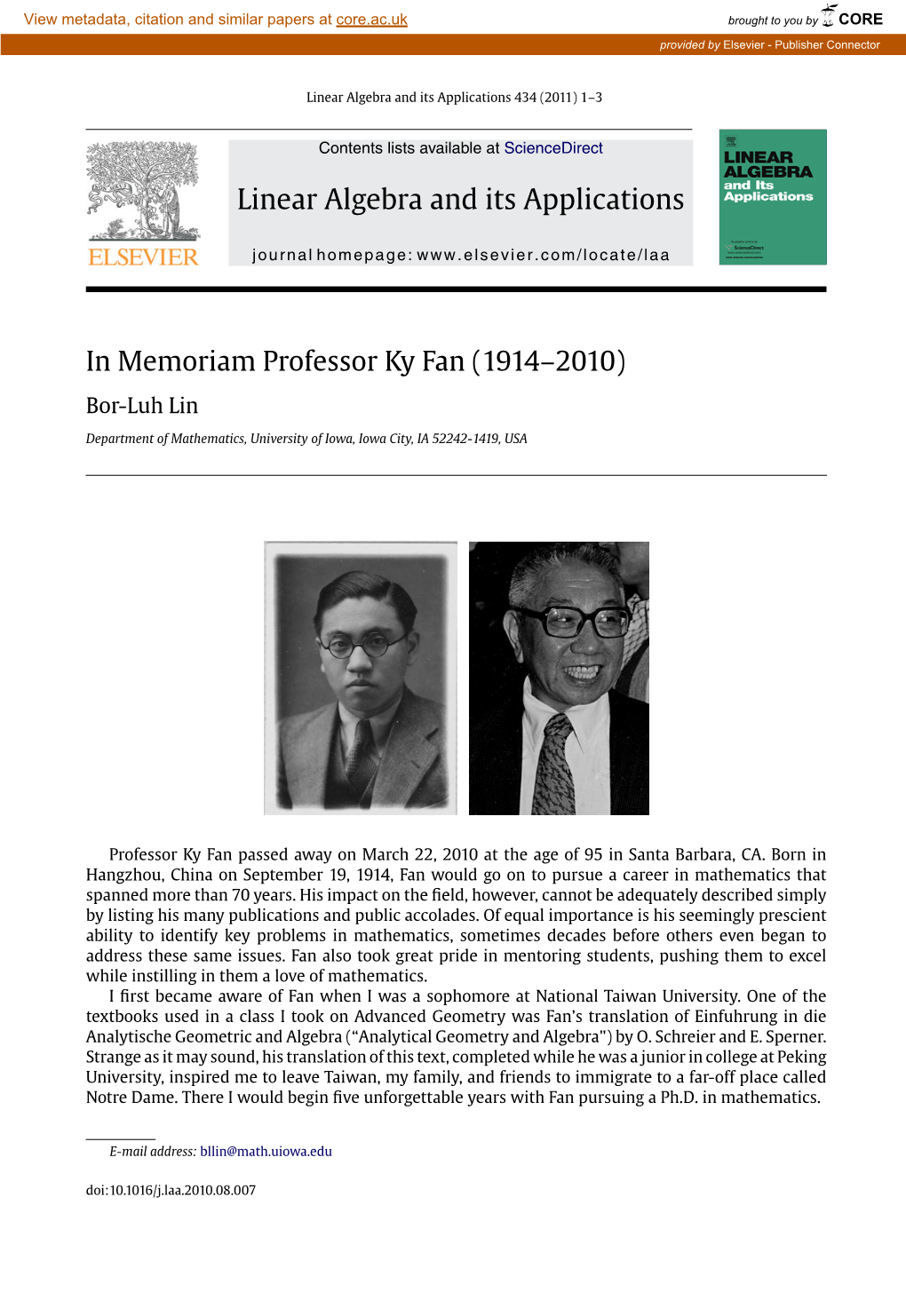In Memoriam Professor Ky Fan (1914–2010) Bor-Luh Lin