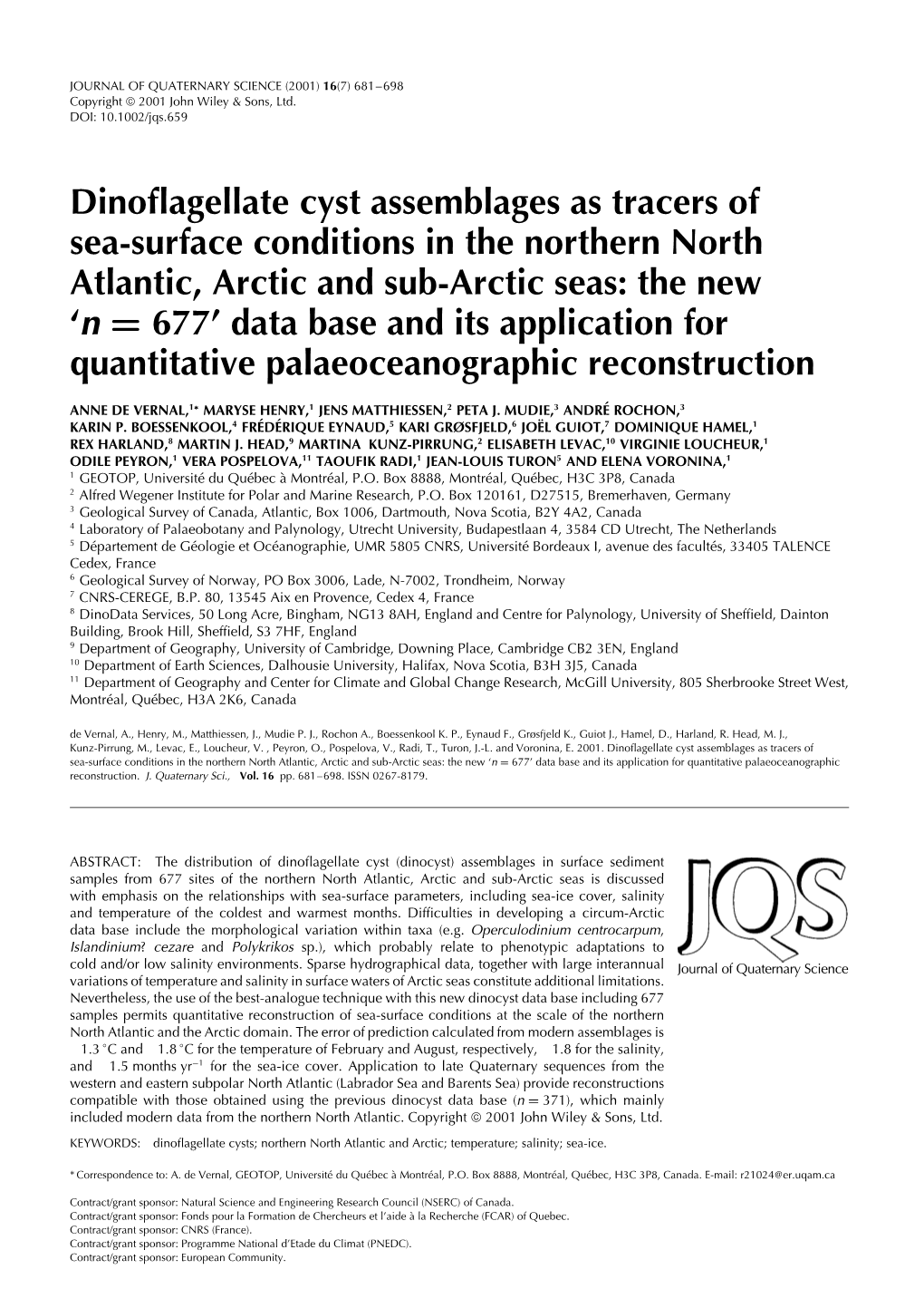 Dinoflagellate Cyst Assemblages As Tracers of Sea-Surface Conditions In