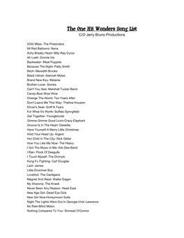 The One Hit Wonders Song List C/O Jerry Bruno Productions