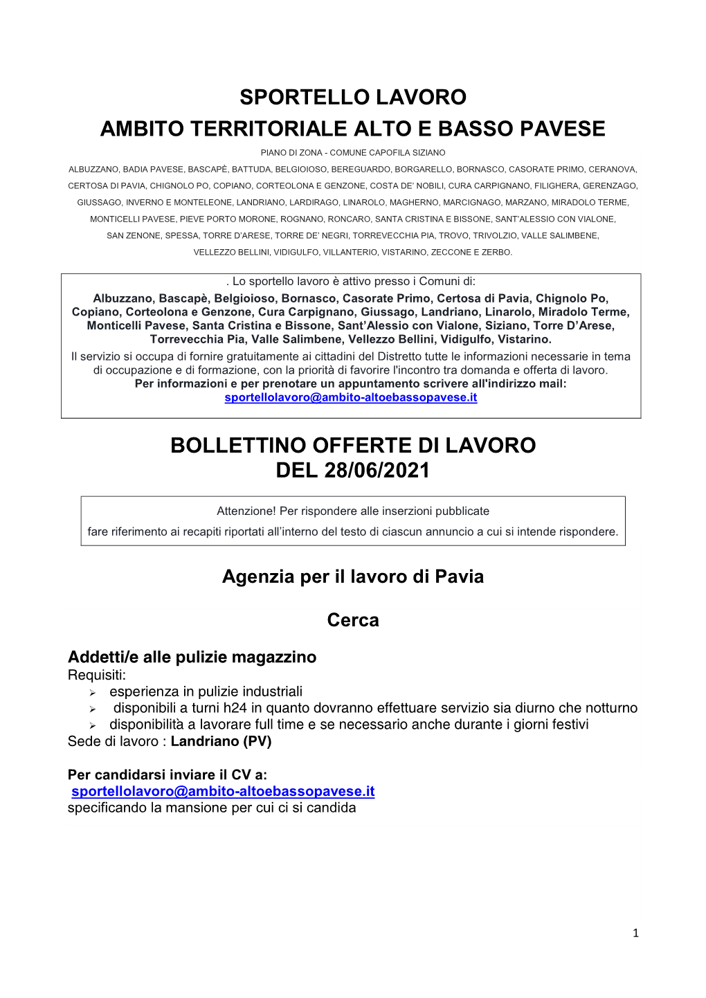 Bollettino Offerte Di Lavoro Del 28/06/2021