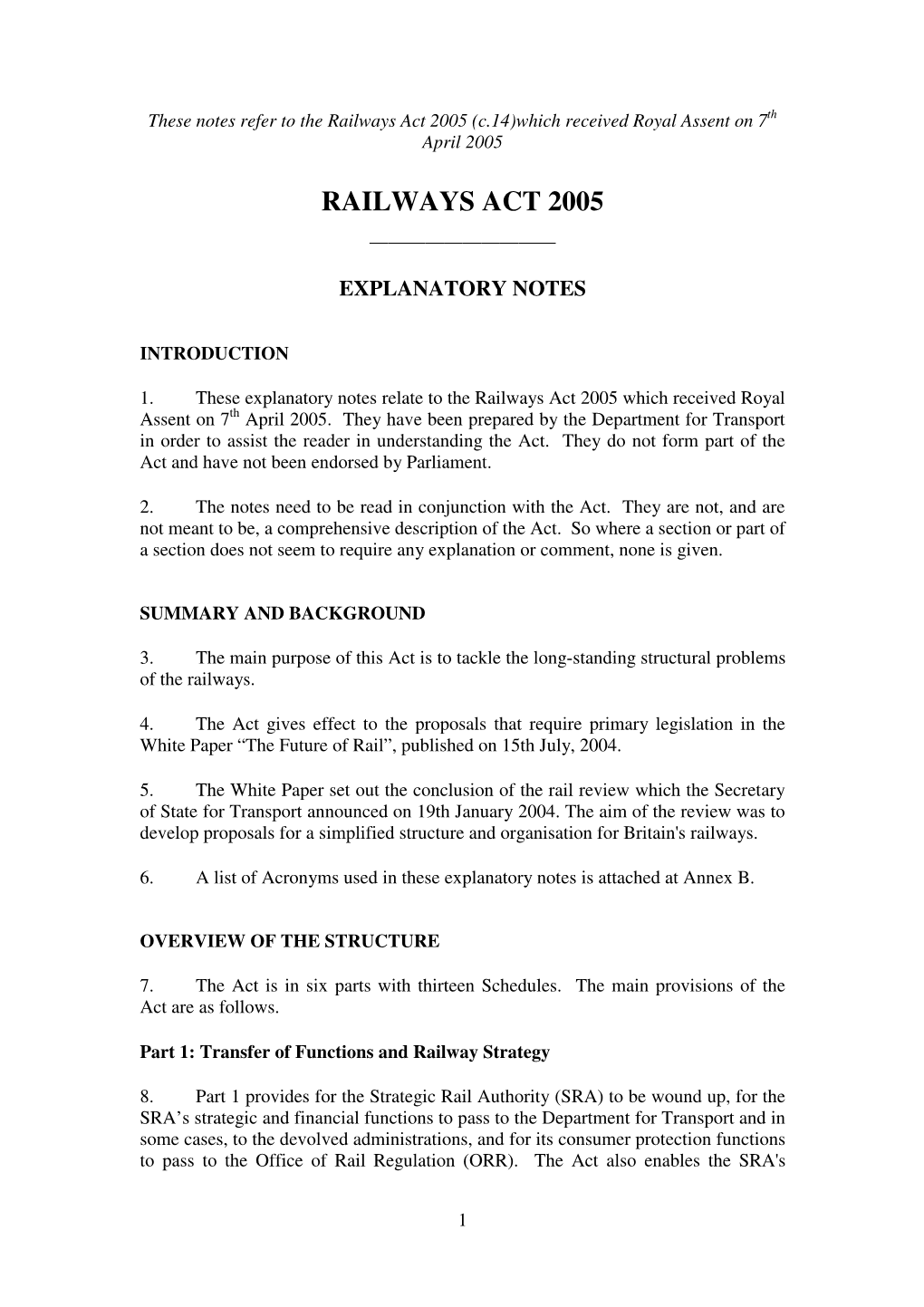 Railways Act 2005 (C.14)Which Received Royal Assent on 7Th April 2005