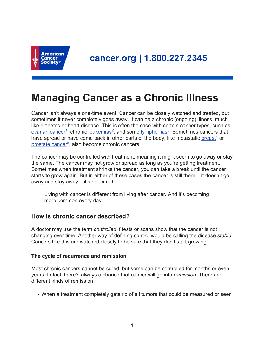 Managing Cancer As a Chronic Illness