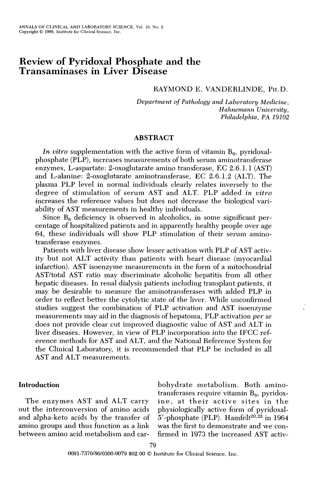 Review of Pyridoxal Phosphate and the Transaminases in Liver Disease RAYMOND E