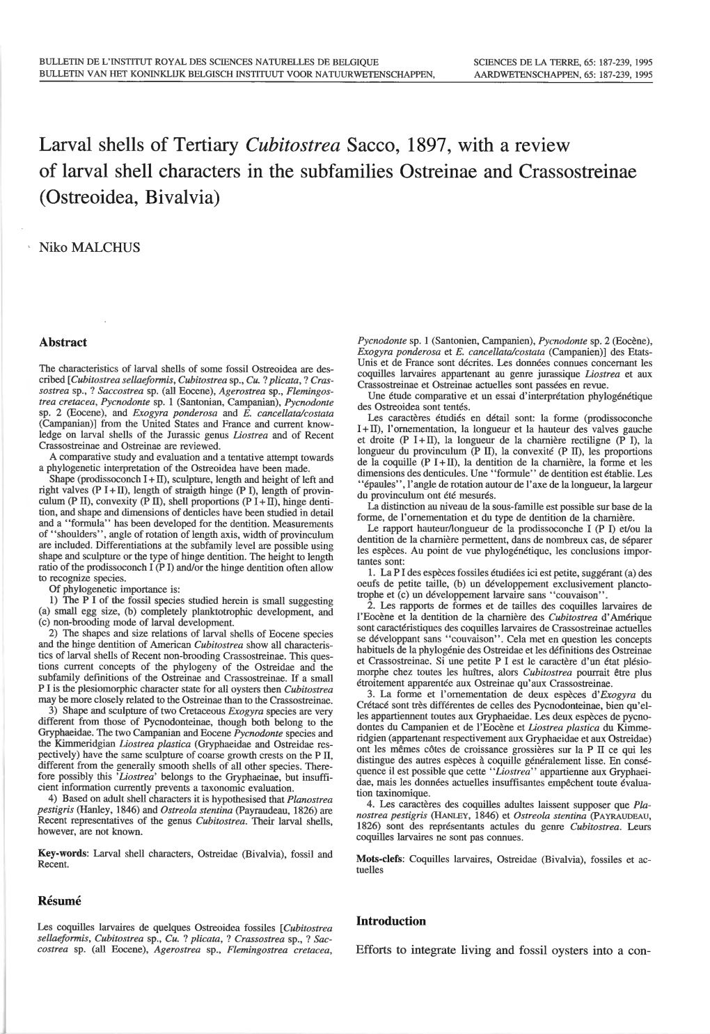 Tertiary Cubitostrea Sacco, 1897, with a Review of Larval Shell Characters in the Subfamilies Ostreinae and Crassostreinae (Ostreoidea, Bivalvia)