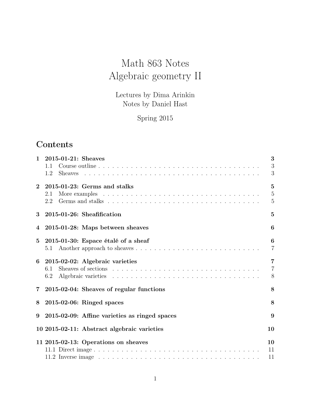 Math 863 Notes Algebraic Geometry II