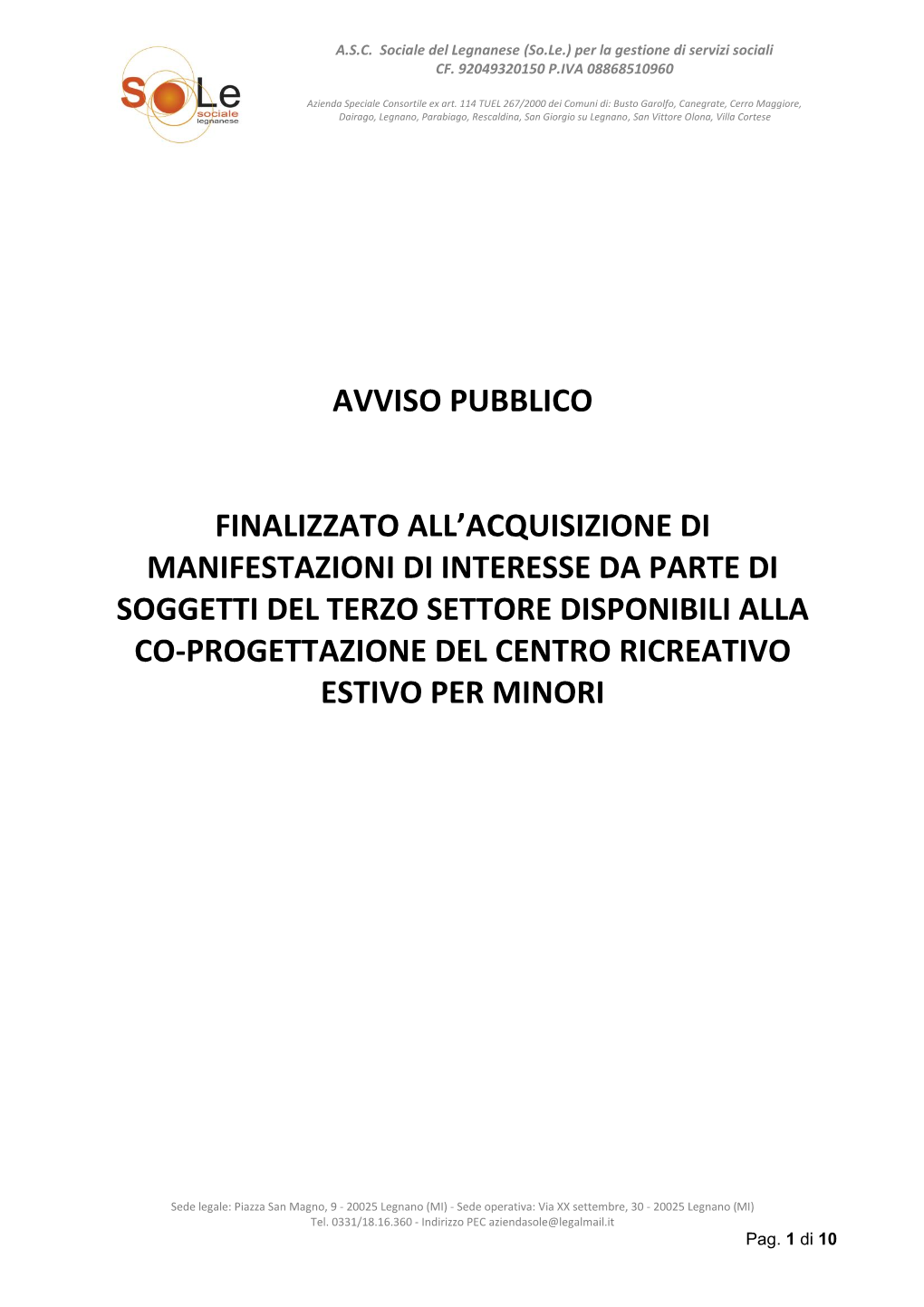 Avviso Per La Coprogettazione Del Centro Estivo 2021