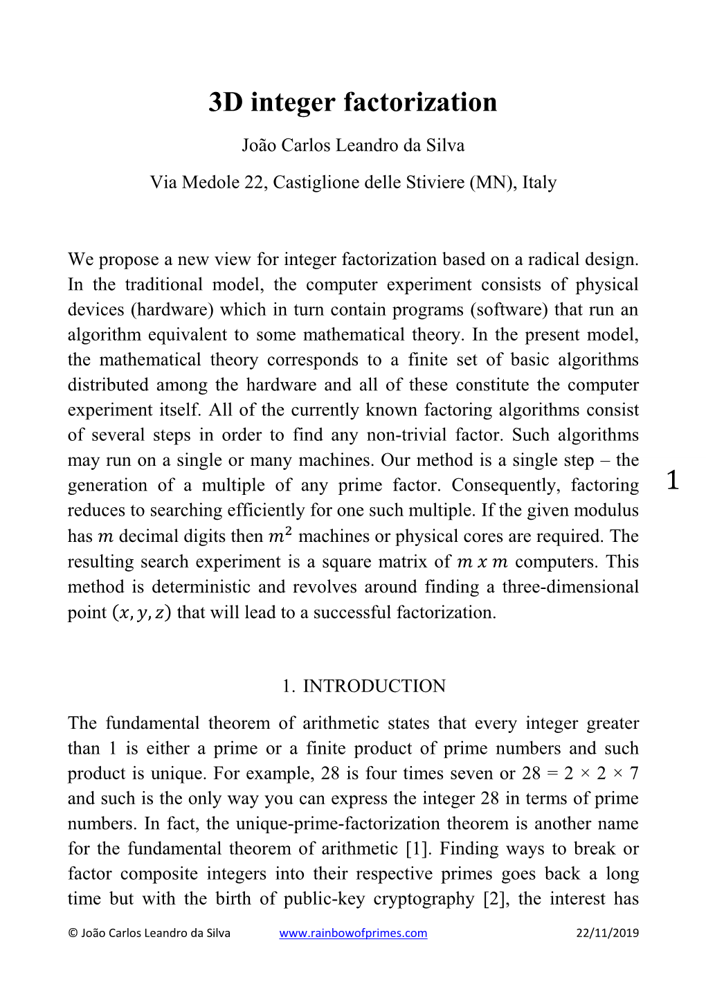 1 3D Integer Factorization