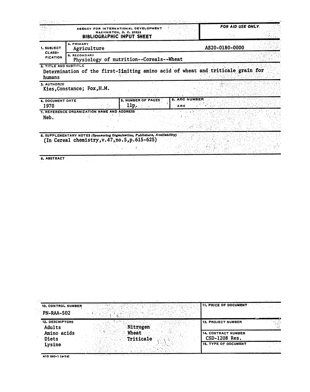 Physiology of Nutrition--Coreals--Wheat 1.970 (Incereal Chemistry,V.47,No.5,P.615-625) Nitrogen. Diets Triticale CSD-1208 Res