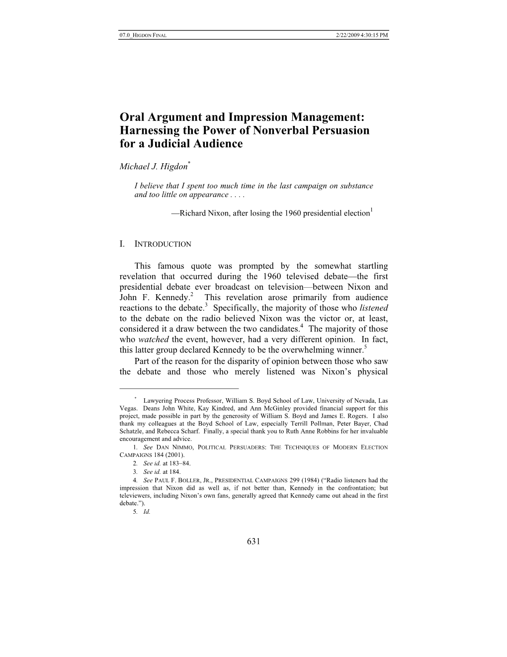 Oral Argument and Impression Management: Harnessing the Power of Nonverbal Persuasion for a Judicial Audience